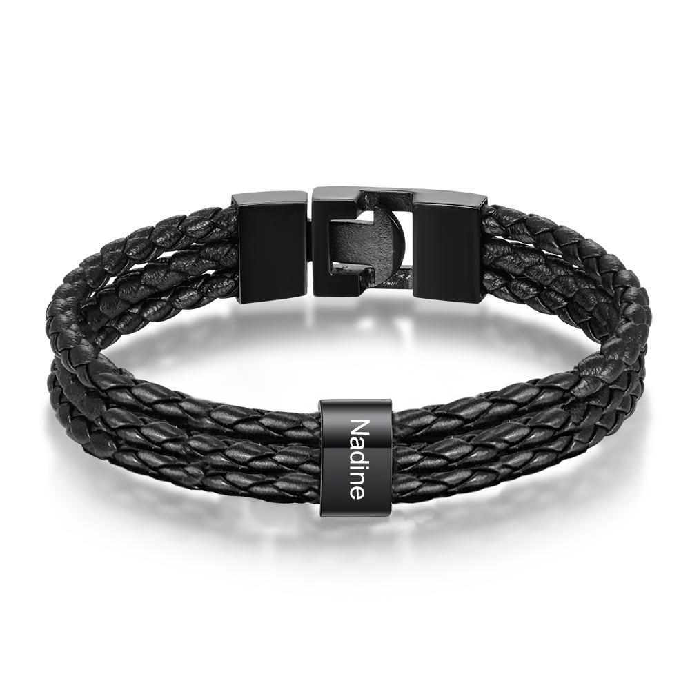 Personalized Braided Leather Bracelet Engraved 1 Name Men's Bracelet Gifts For Him