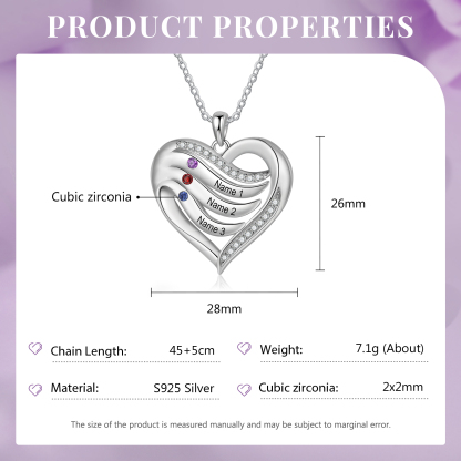 3 Names - Personalized S925 Silver Heart Necklace with Birthstone and Name, Beautiful Gift for Her