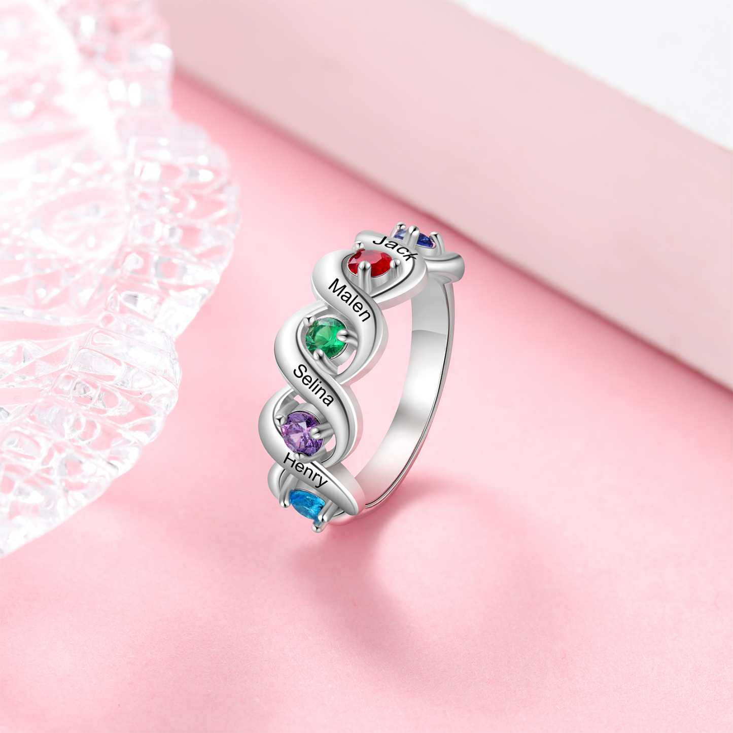 Personalized Ring With 5 Birthstones Engraved Names Ring Gift For Women