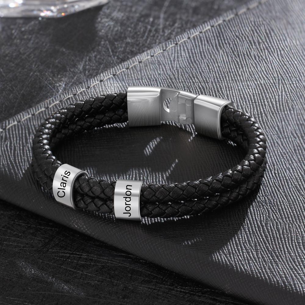 Personalized Braided Leather Bracelet Engraved 2 Names Men's Bracelet for Him