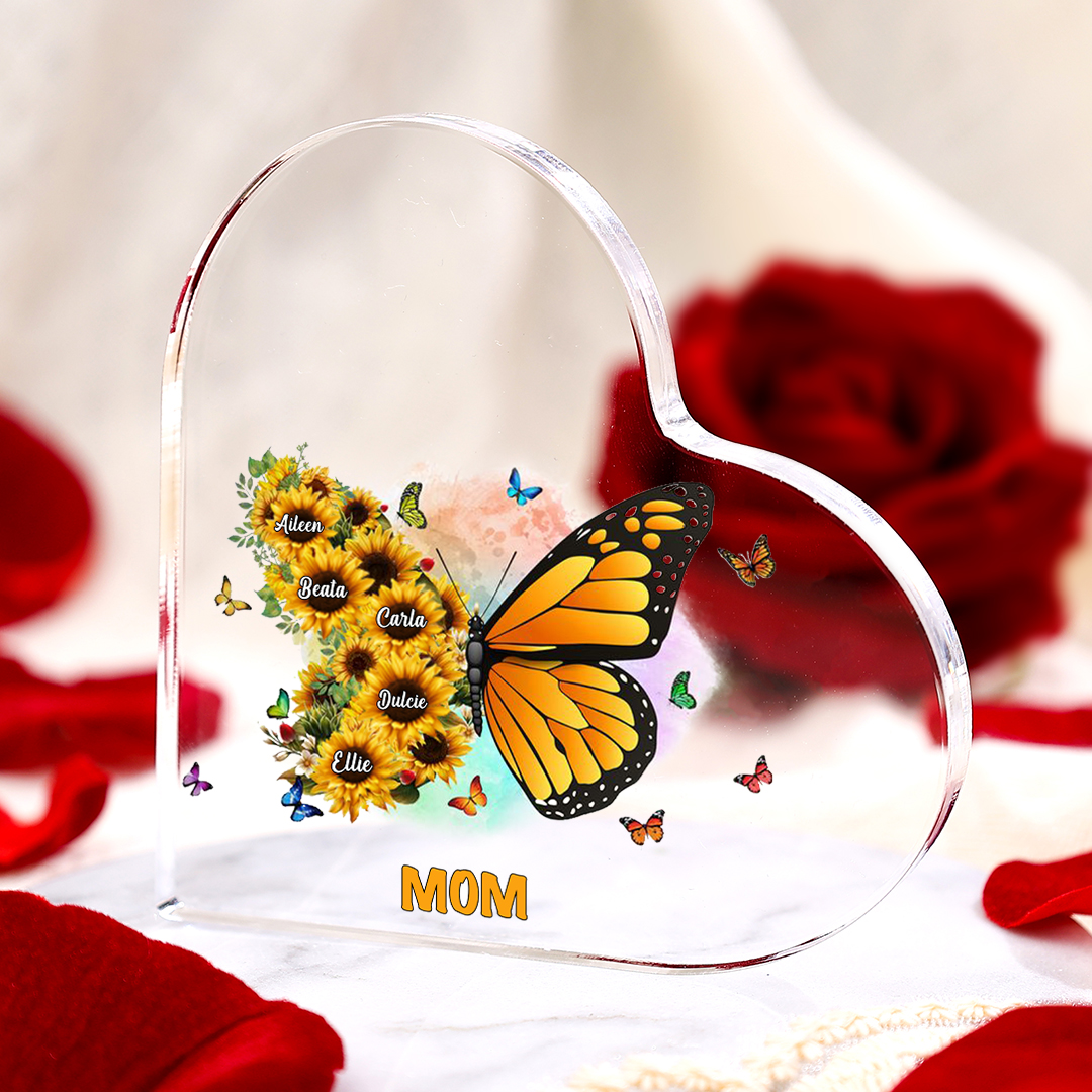 Customized 1-10 Names,Sunflower Butterfly Style Acrylic Heart Decoration Brand Plaque Decoration for Mom