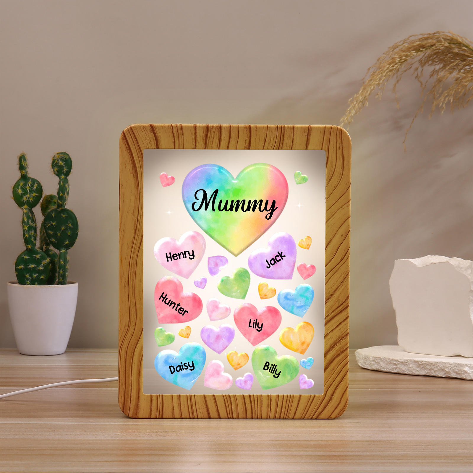 6 Name - Personalized Mum Home Wood Color Plug-in Mirror Photo Frame Custom Text LED Night Light Gift for Mum