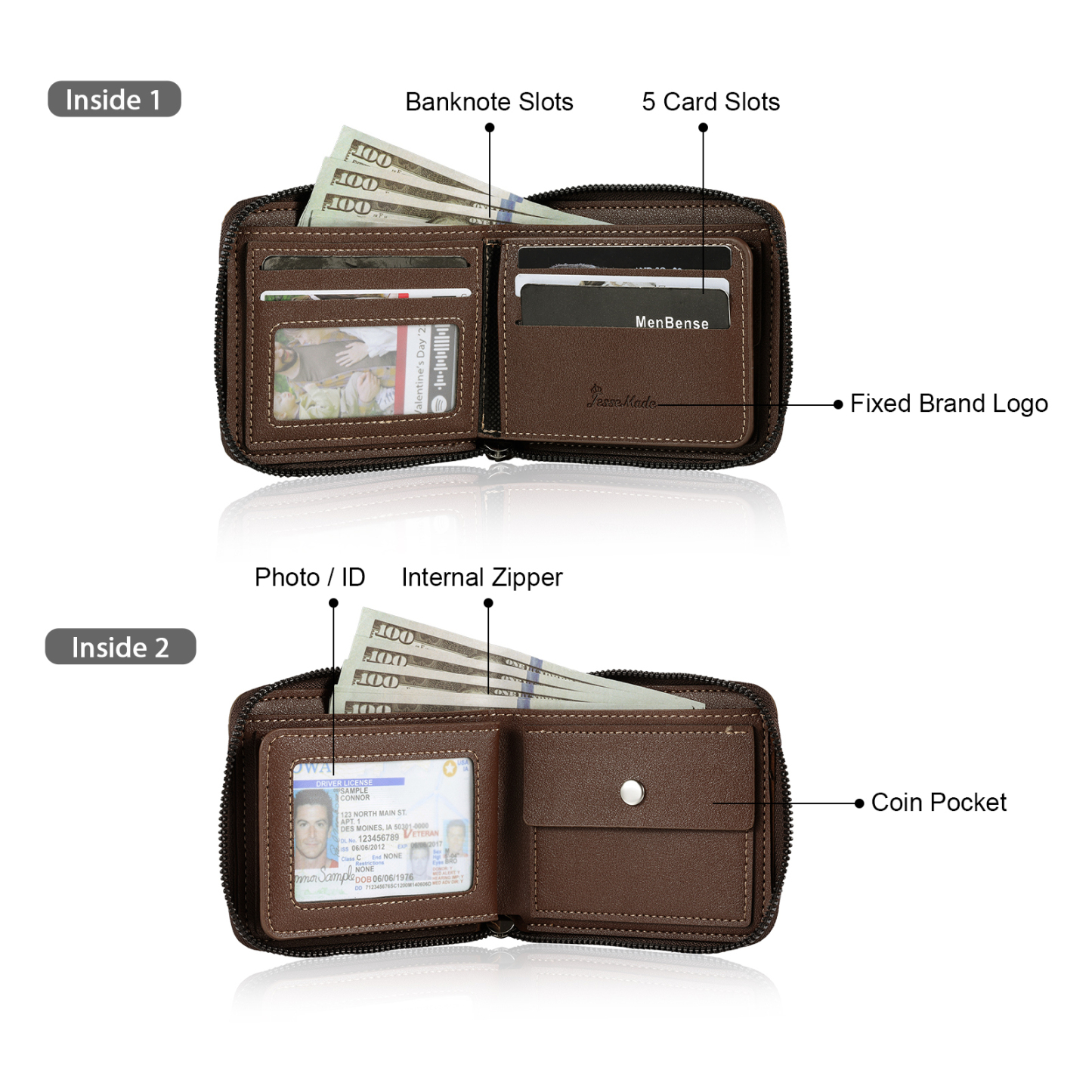 5-Names Personalized Leather Men's wallet With Card Slot Engraved With Name And Photo For Papa As a Father's Day Unique Gift