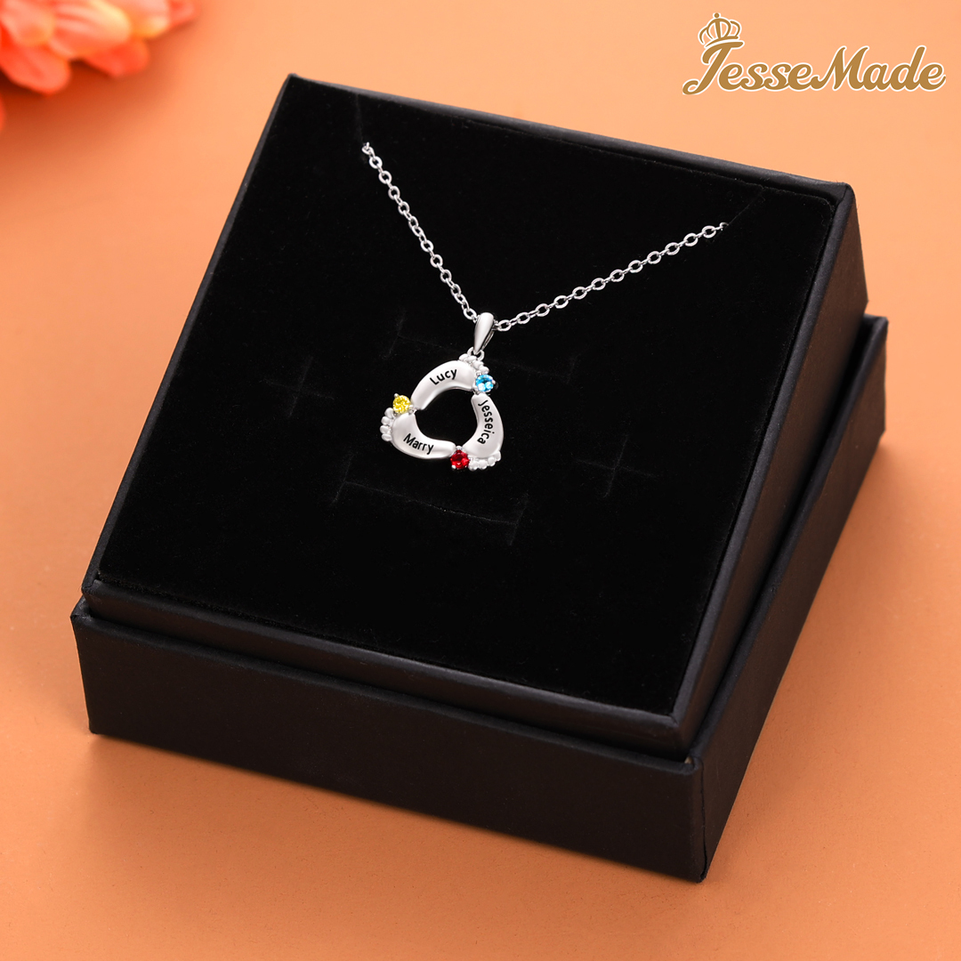 Personalized Baby Foot Necklace With 3 Birthstones Engraved Names Gift For Mother