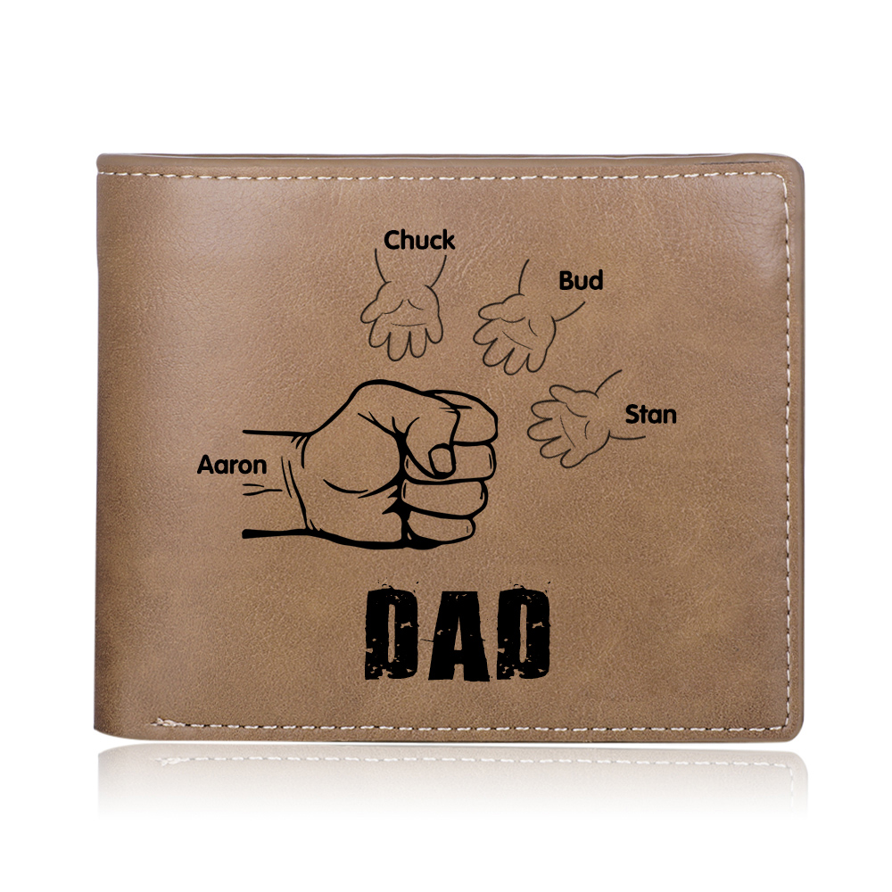 4 Names-Personalized Leather Men Wallet Engraved 4 Names Fist Bump Folding Wallet Gift For Dad