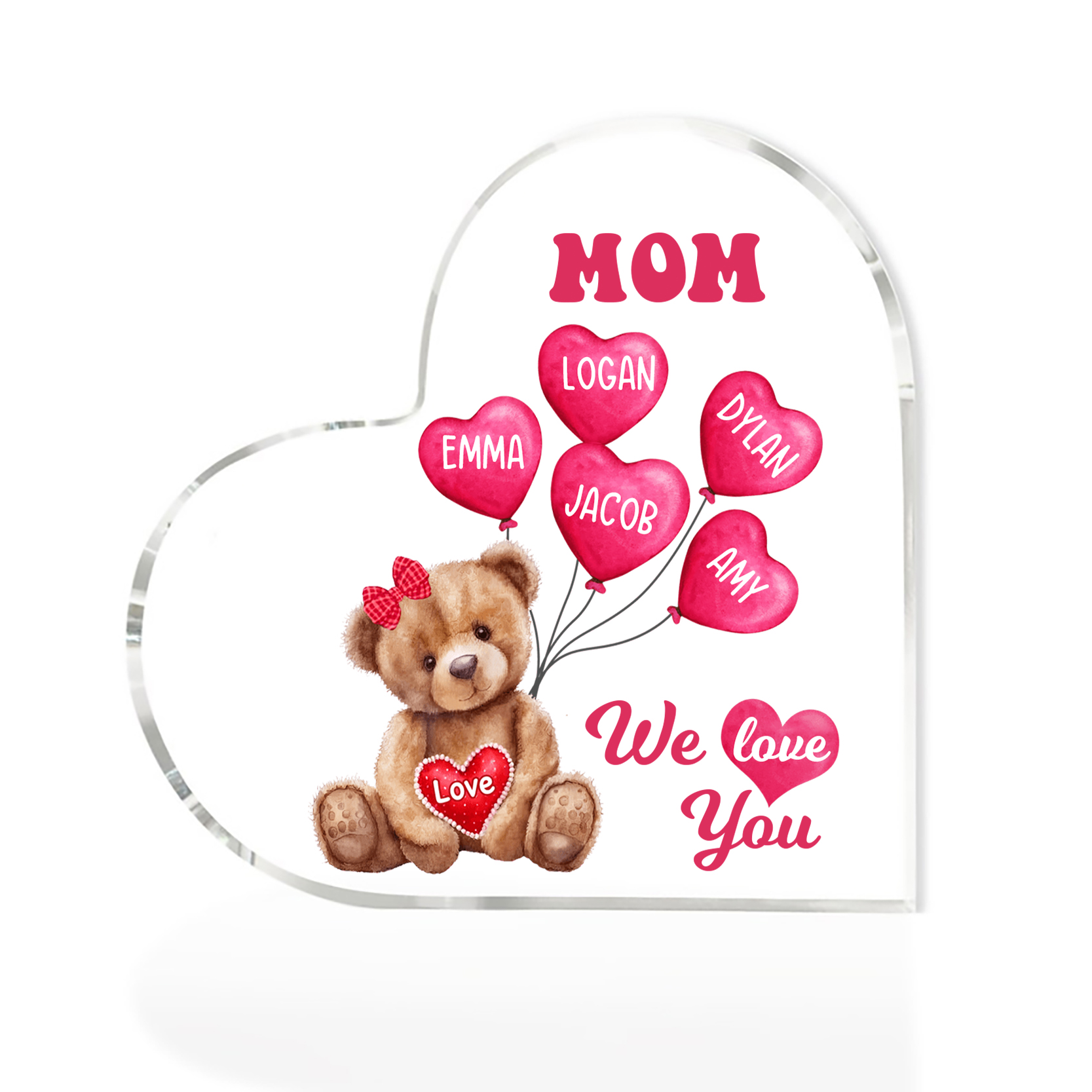 5 Names-Personalized Bear Acrylic Heart Keepsake Custom Text Acrylic Plaque Ornaments Gifts for Mom