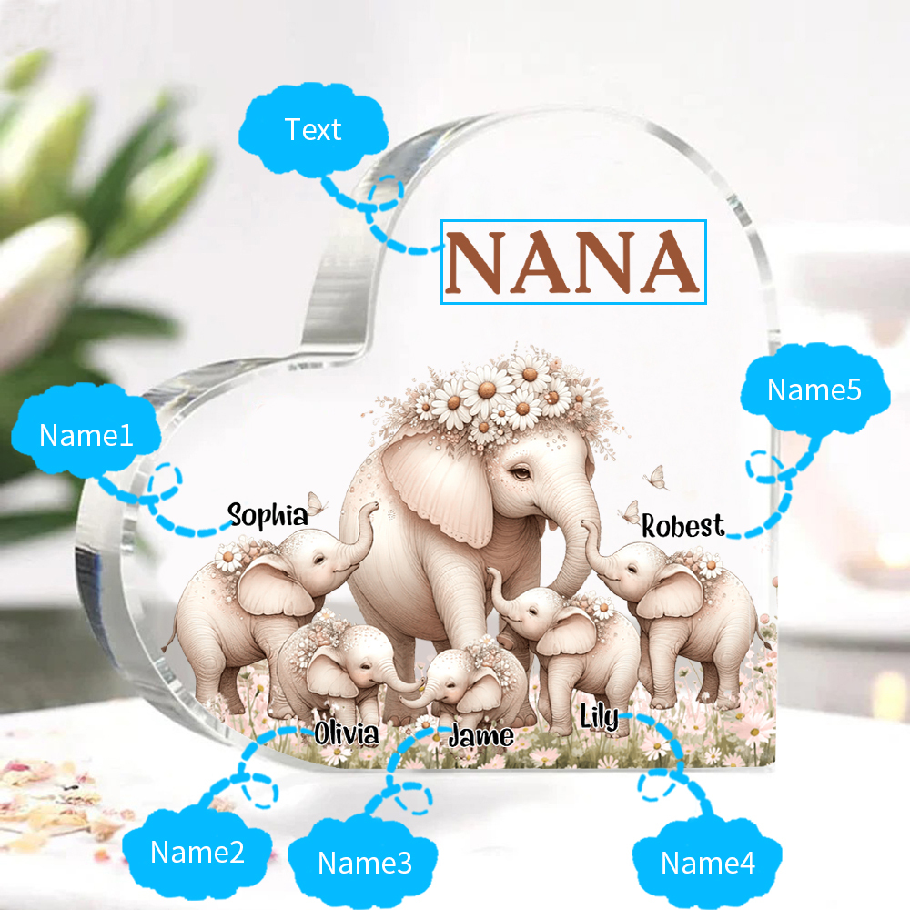 5 Names-Personalized Elephant Acrylic Heart Keepsake Custom Text Acrylic Plaque Ornaments Gifts for Mom