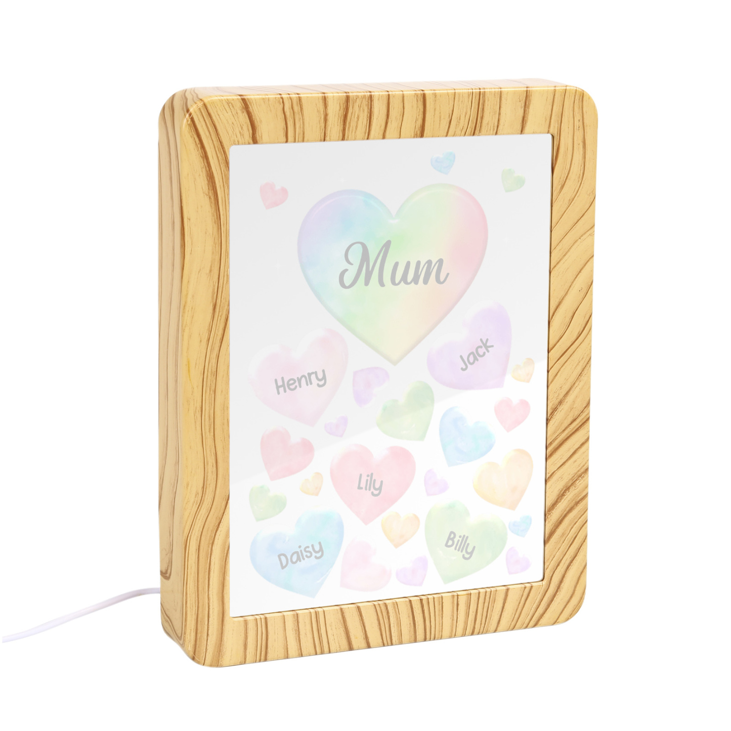 5 Names - Personalized Mom Home Wood Color Plug-in Mirror Photo Frame Custom Text LED Night Light Gift for Mom