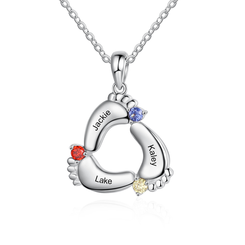 Personalized Baby Foot Necklace With 3 Birthstones Engraved Names Gift For Mother