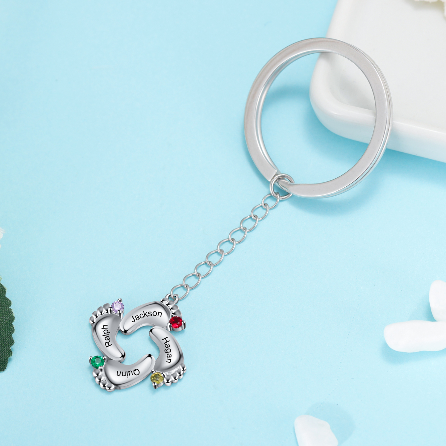 Personalized Baby Feet Keychain With 4 Birthstones Engraved names Keychain Gifts For Mother