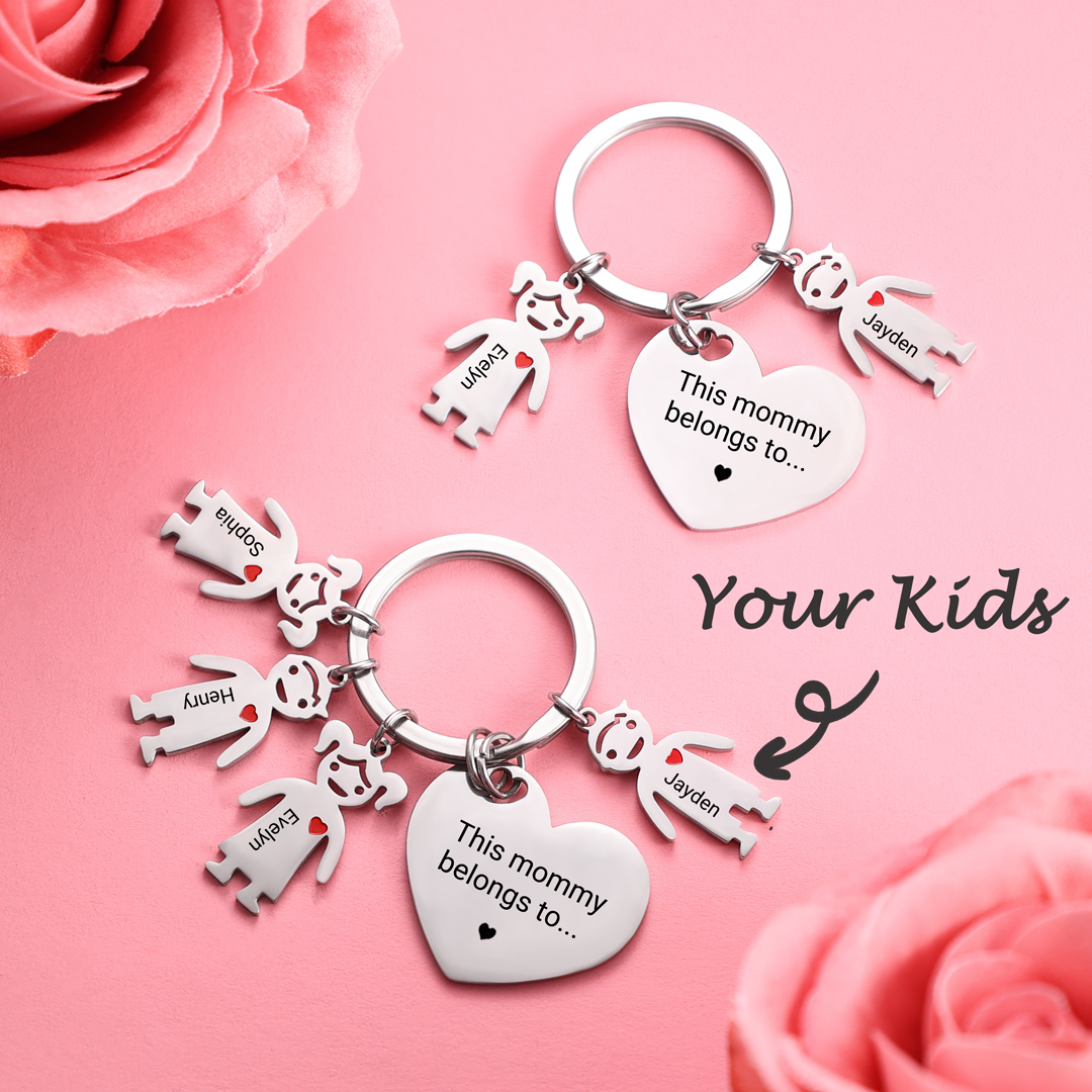 Mother's Day Gifts Personalized Heart Keychain With 2 Kid Charms "This Mommy Belongs to" For Her