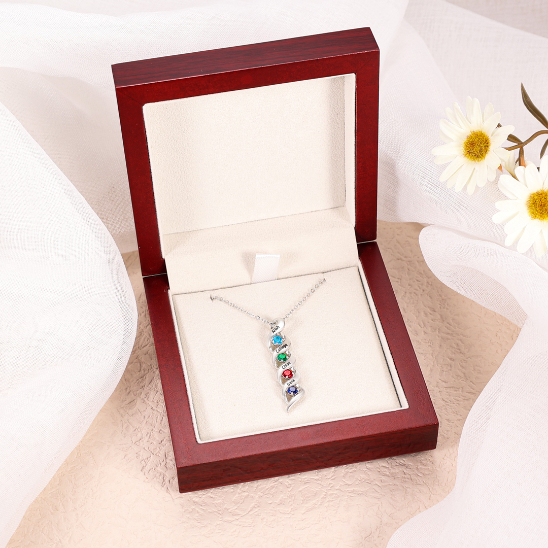 4 Names-Personalized Necklace Cascading Pendant with 4 Birthstones Engraving 4 Names Gifts for Her
