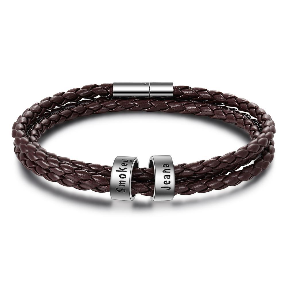 Leather Braided Bracelet Men Bracelets Personalized 2 Names 2 Beads Gi