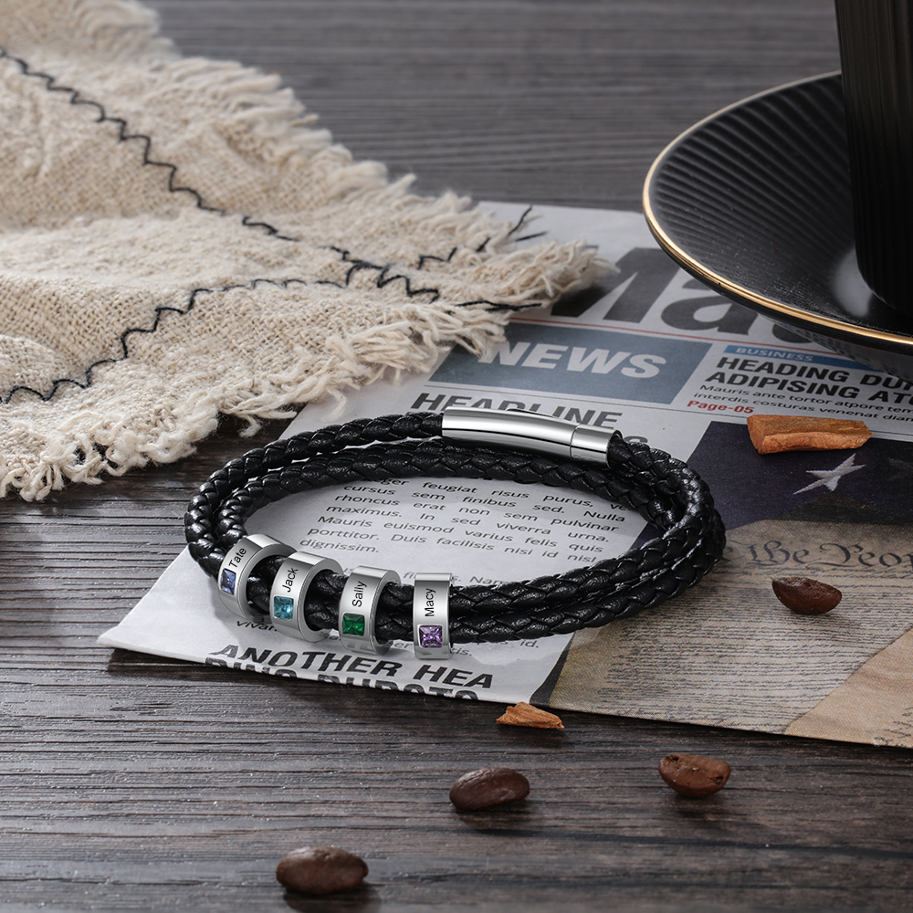 Personalized 3 Layer Leather Bracelet with 3 Beads Engraved Names Men's Bracelets for Him