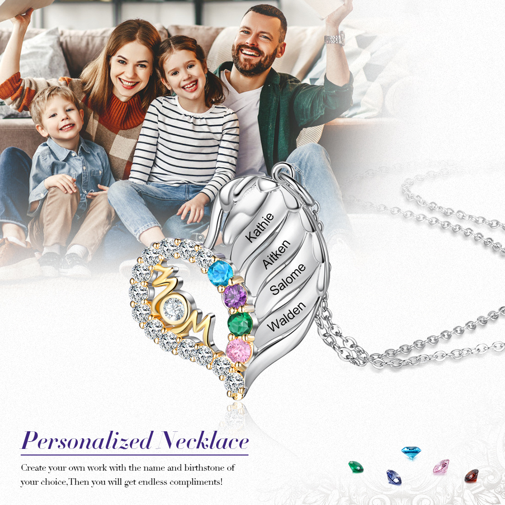 4 Names-Personalized Hearts Necklace Custom Birthstone Necklace Wonderful Gifts for Mom