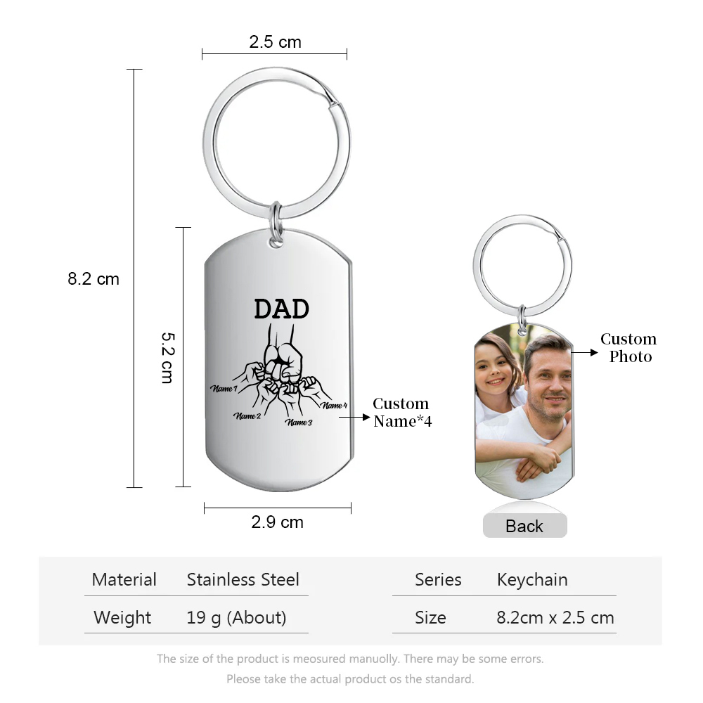 4 Names - Personalized Fist Pendant Keychain Gift Set - Customized Photo Special Gift for Dad