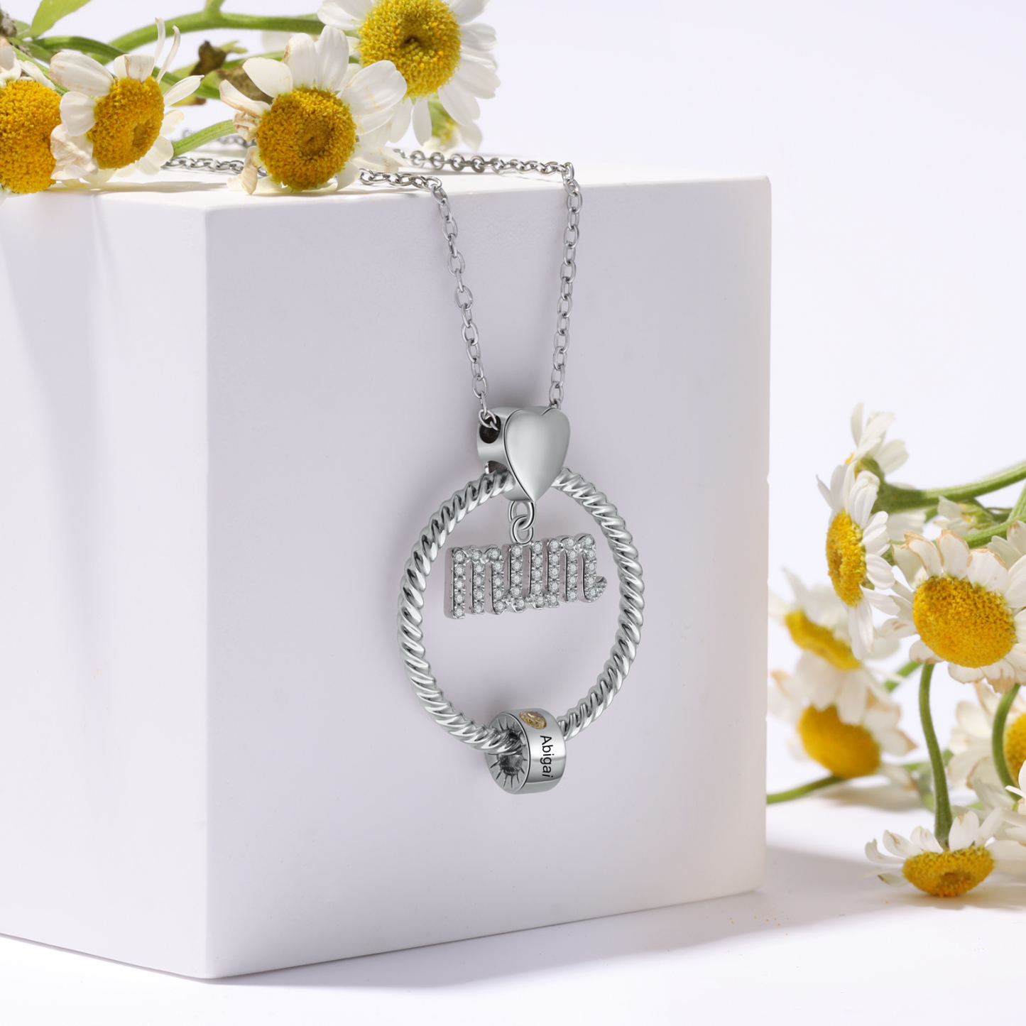 Personalized Circle Necklace With 1 Birthstone Pendant Engraved Names Gift For Mum