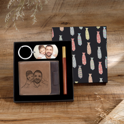 Photo Personalized Leather Wallet Gift Box Set with Keychain Customizable 2 Text  Wallet Gift for Him