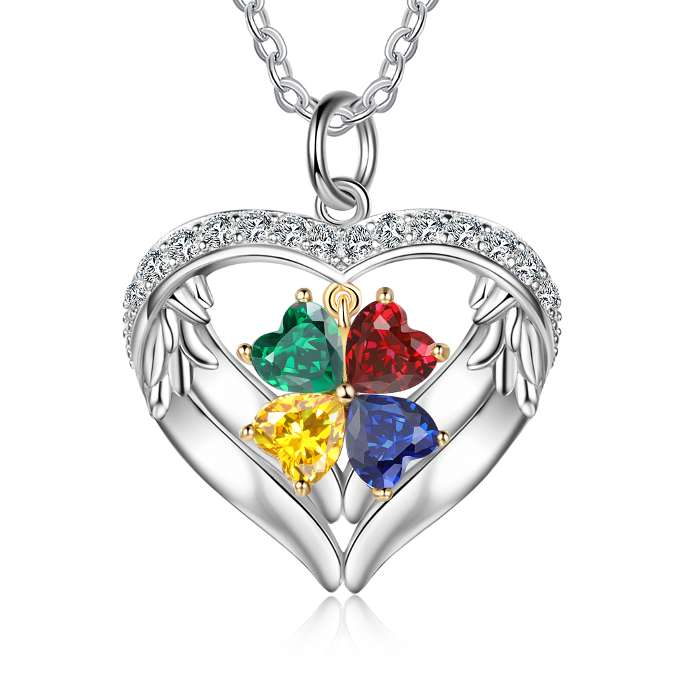 Personalized Wings S925 Silver Necklace With 4 Heart Birthstones Engraved Names Gift For Women