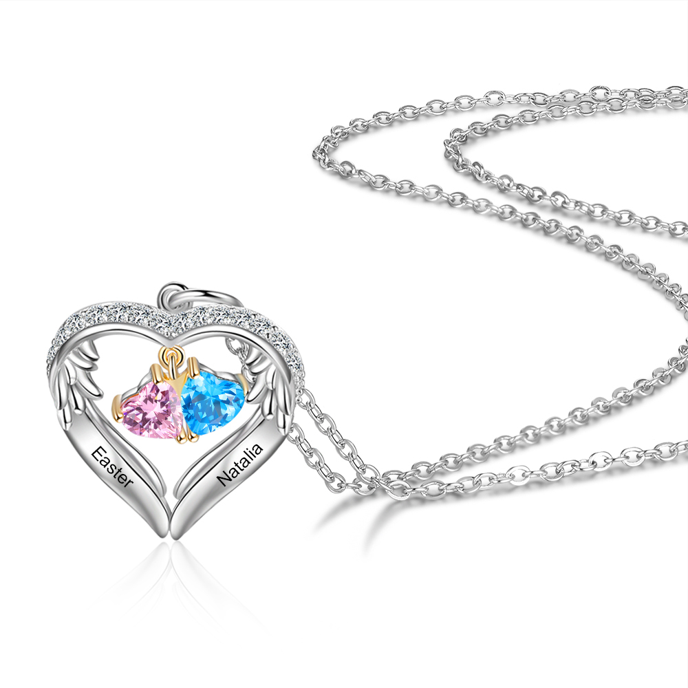 Personalized Wings S925 Silver Necklace With 2 Heart Birthstones Engraved Names Gift For Women