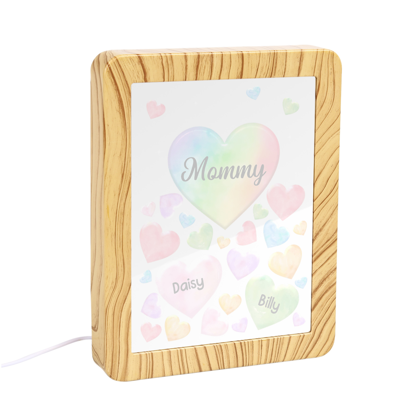 2 Names - Personalized Mom Home Wood Color Plug-in Mirror Photo Frame Custom Text LED Night Light Gift for Mom
