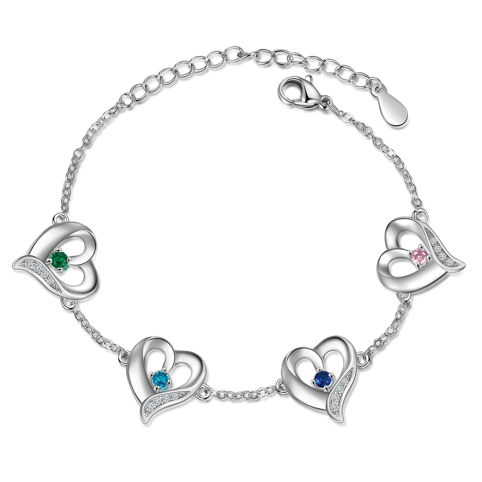 4 Names-Personalized Heart Bracelet With 4 Birthstones Engraved Names Bangle For Her