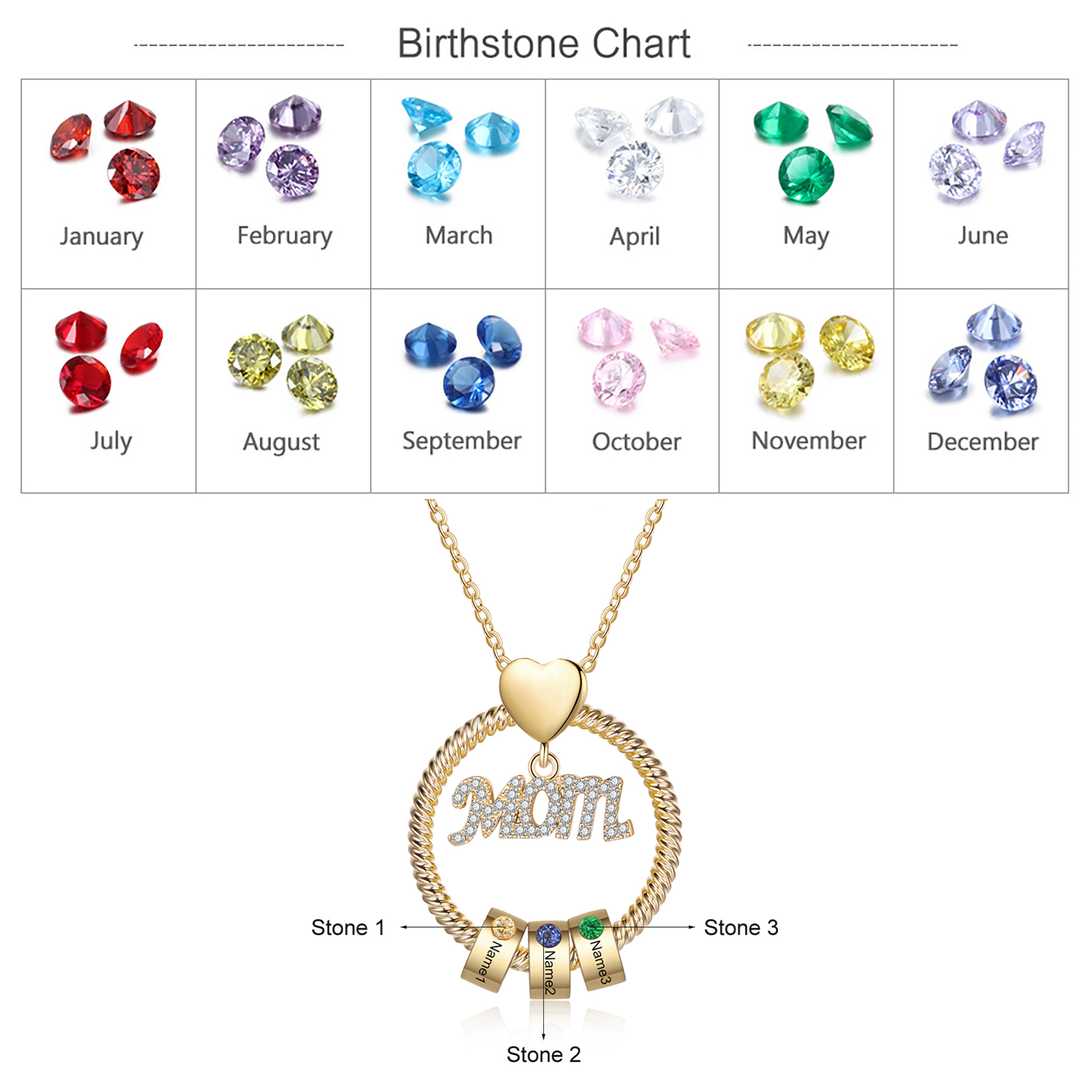 3 Names-Personalized Mom Necklace Set With  Premium Rotating Rose Flower Gift Box-Custom Necklace With 3 Birthstones Engraved Names Gift For Mother