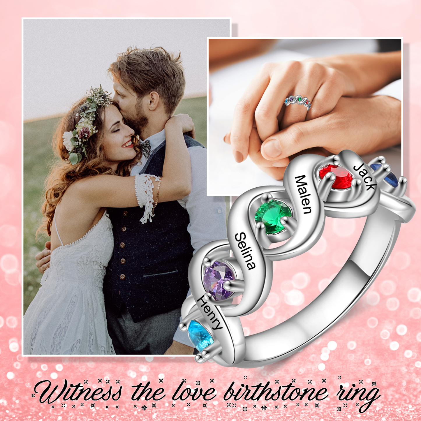 Personalized Ring With 5 Birthstones Engraved Names Ring Gift For Women