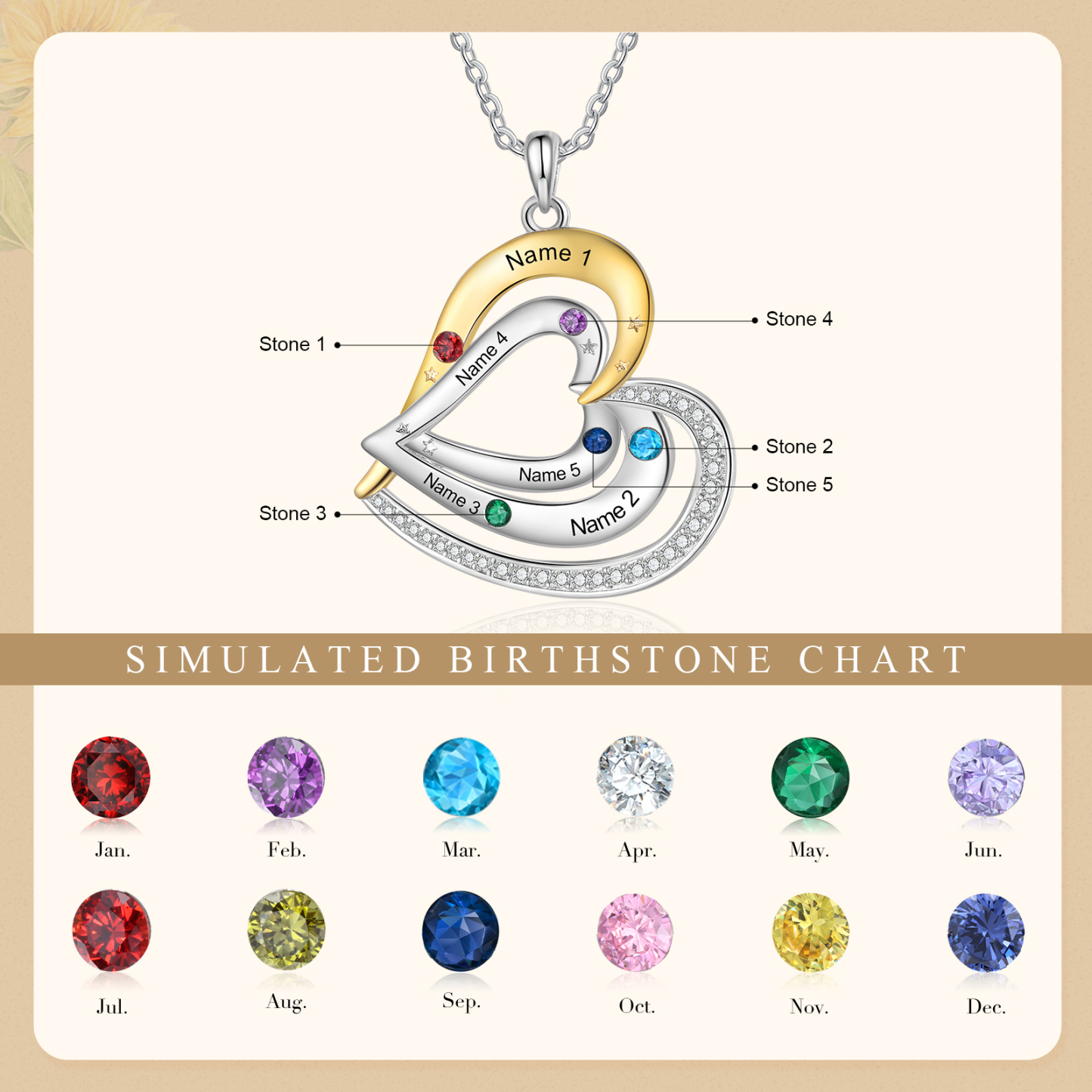 5 Names - Personalized Love Necklace with Customized Name and Birthstone, A Special Gift for Her