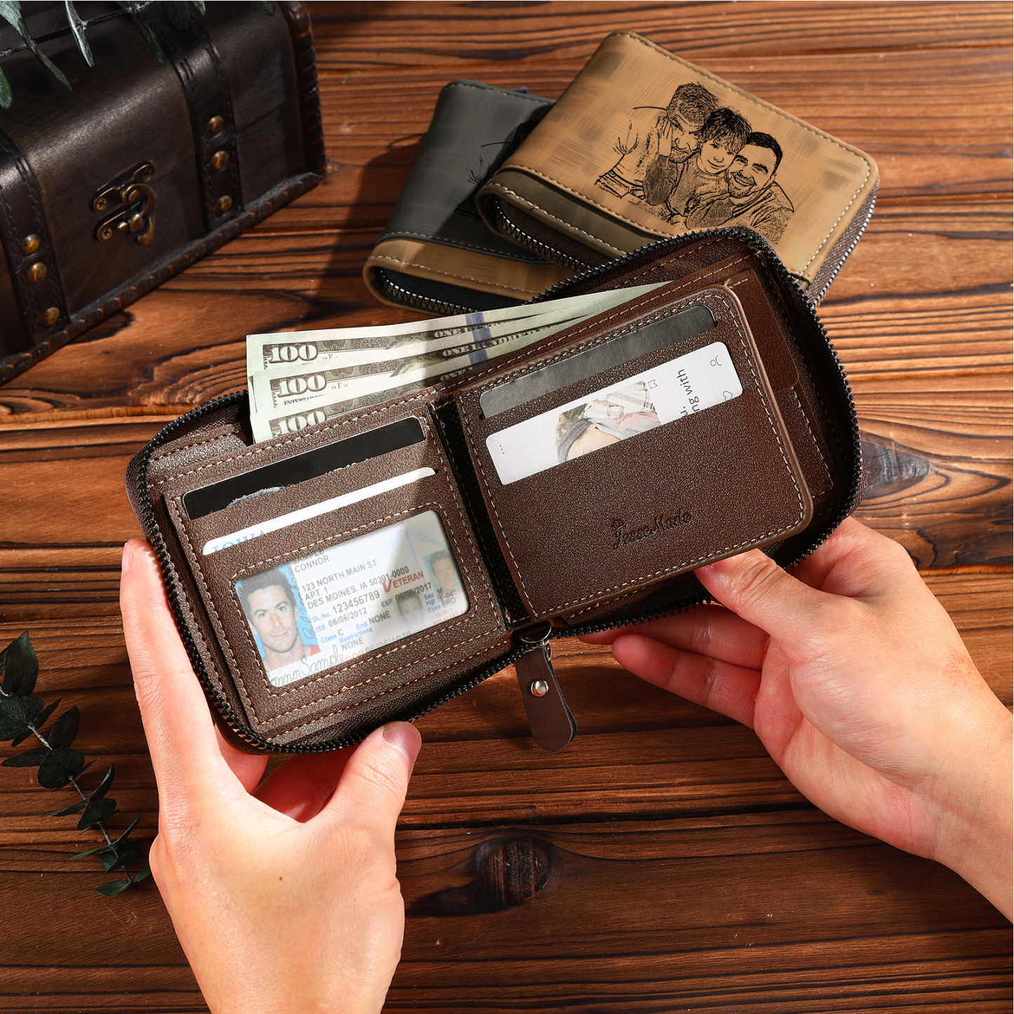 5-Names Personalized Leather Men's wallet With Card Slot Engraved With Name And Photo For Papa As a Father's Day Unique Gift