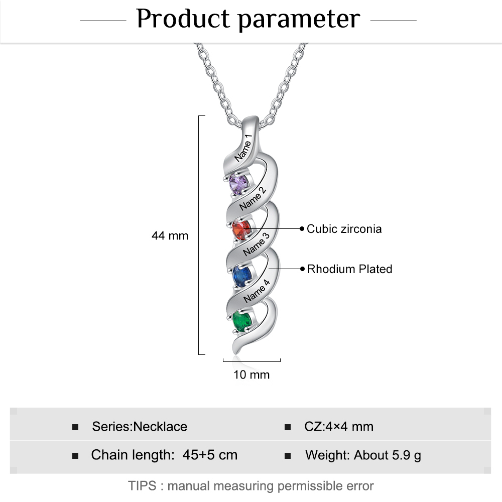 4 Names-Personalized Necklace Cascading Pendant with 4 Birthstones Engraving 4 Names Gifts for Her