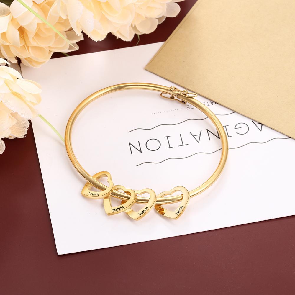 Custom Engraved 4 Names Heart Charms Prsonalised Bangle Bracelet for Women