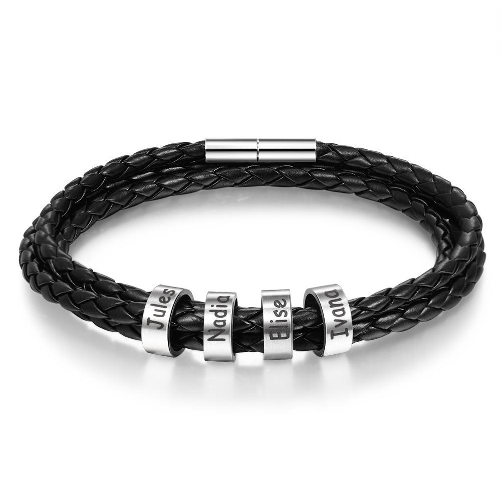 Personalized Custom Names Bracelet | Mens Leather Bracelet Sterling Silver Leather Braided Bracelet for Men
