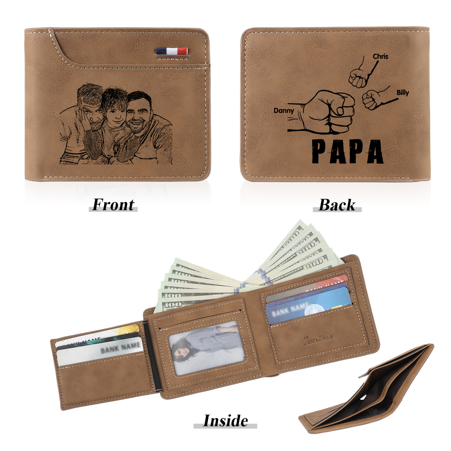 3-Names Personalized Leather Men's wallet With Card Slot Engraved With Name And Photo For Papa As a Father's Day Unique Gift