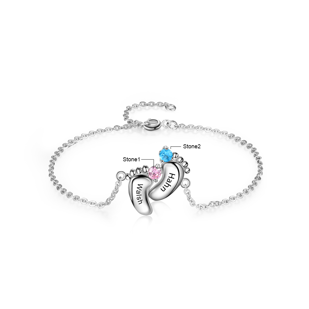 Personalized Baby Feet Keychain With 2 Birthstones Engraved names Keychain Gifts For Mother