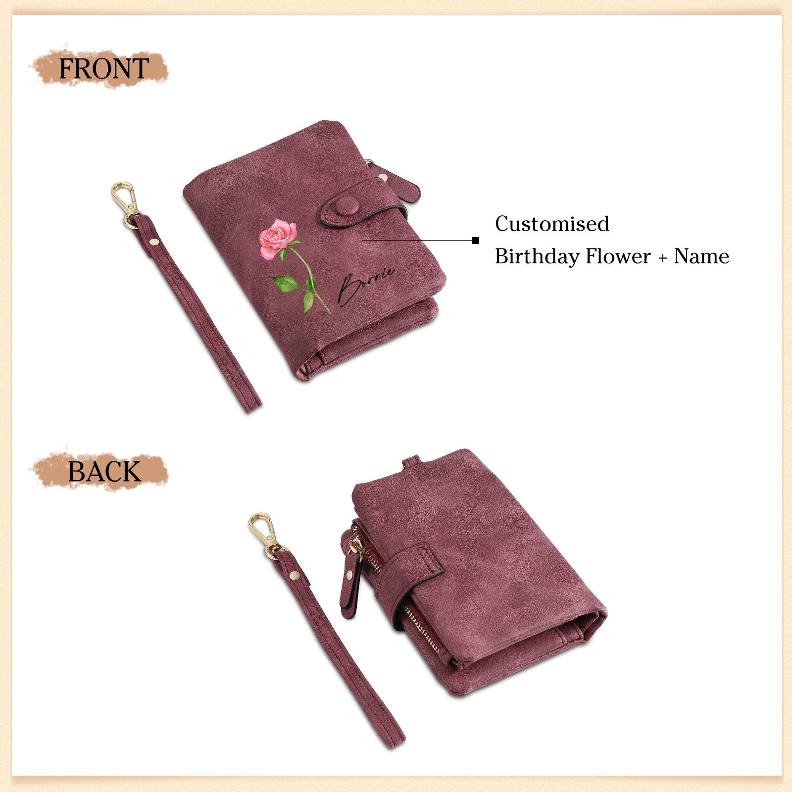Purple Color Personalized Birthday Flower Leather Wallet Engraving Name Wallet Gifts for Women
