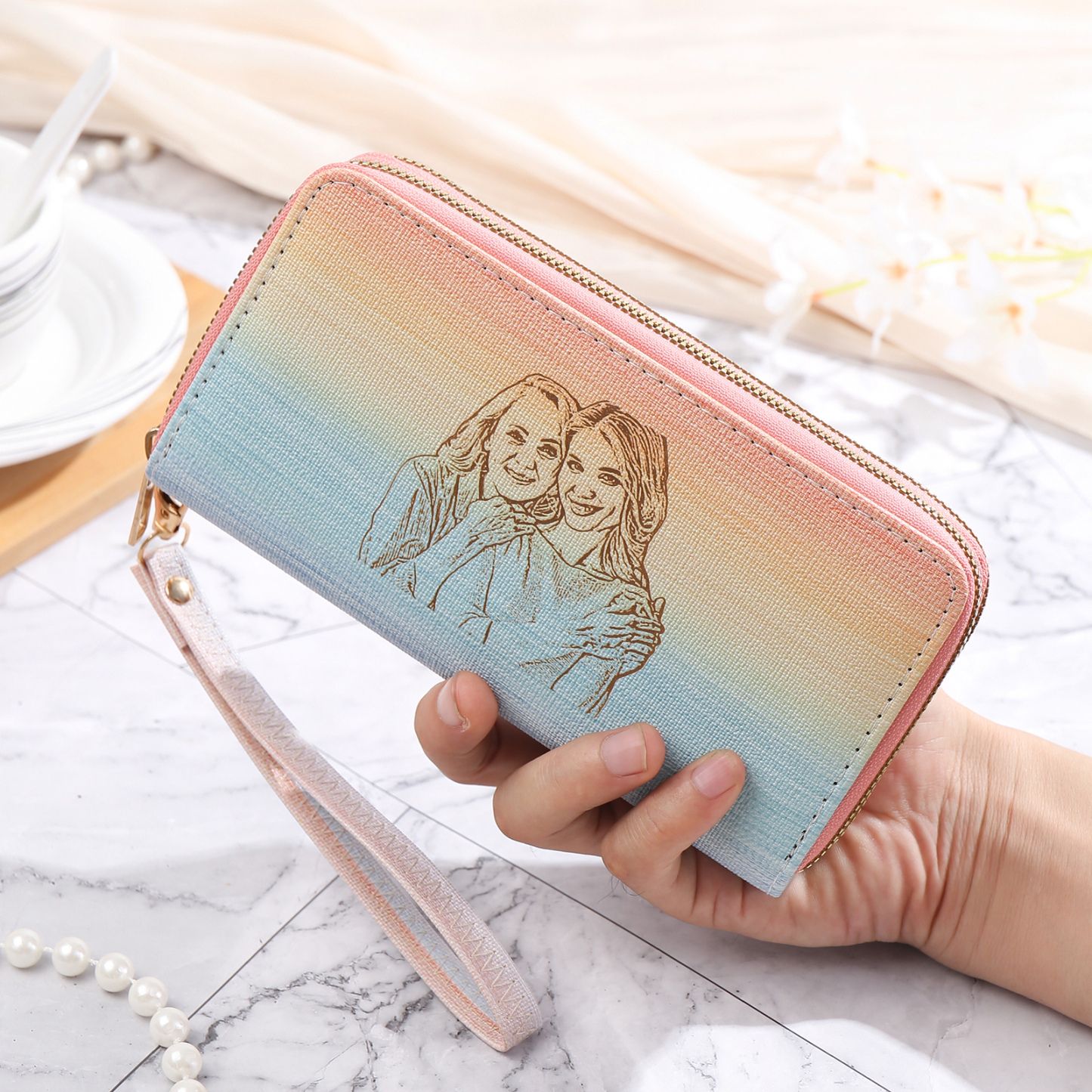 Women's Personalized Photo PU Leather Rainbow Long Zipper Wallet for H