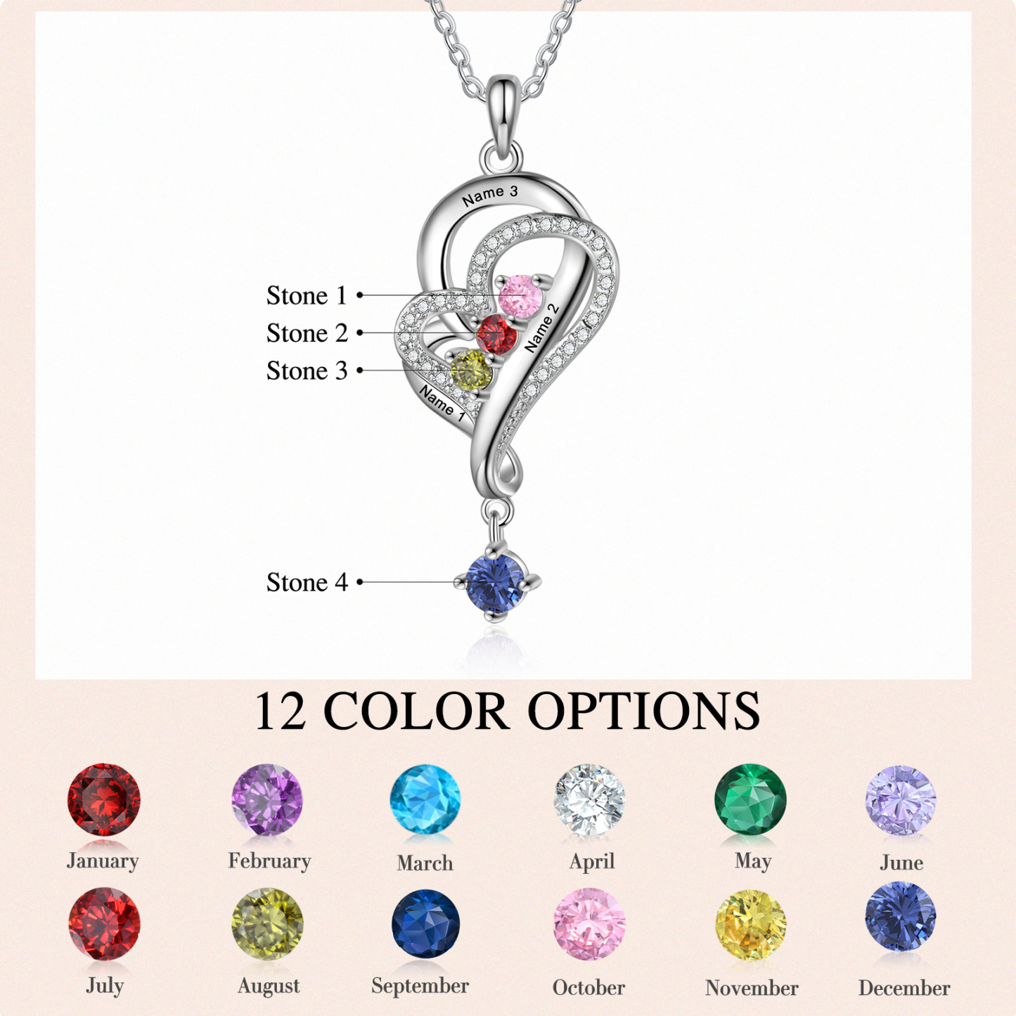 Personalized Overlap Heart Birthstone Necklace Custom 3 Names Necklace Gifts for Her