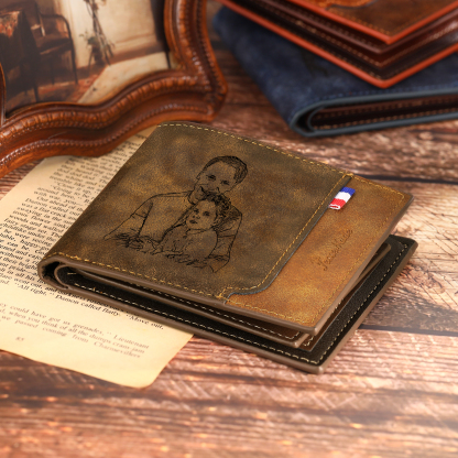 4 Names - Personalized Photo Custom Leather Men's Folding Wallet as a Father's Day Gift for Dad