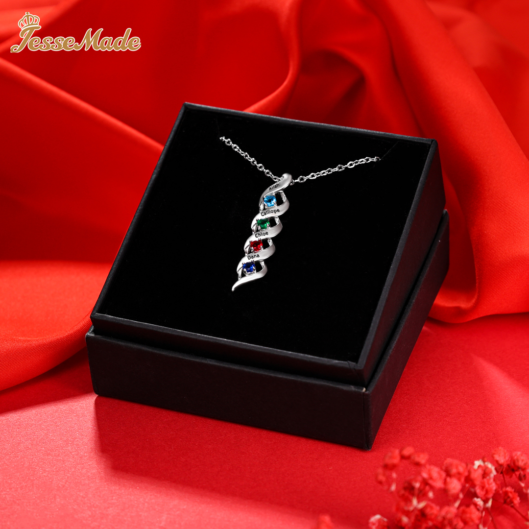4 Names-Personalized Necklace Cascading Pendant with 4 Birthstones Engraving 4 Names Gifts for Her