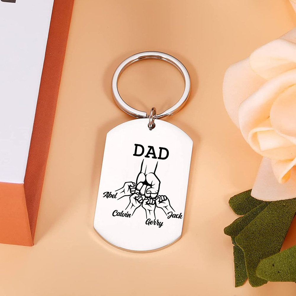 4 Names - Personalized Fist Pendant Keychain Gift Set - Customized Photo Special Gift for Dad