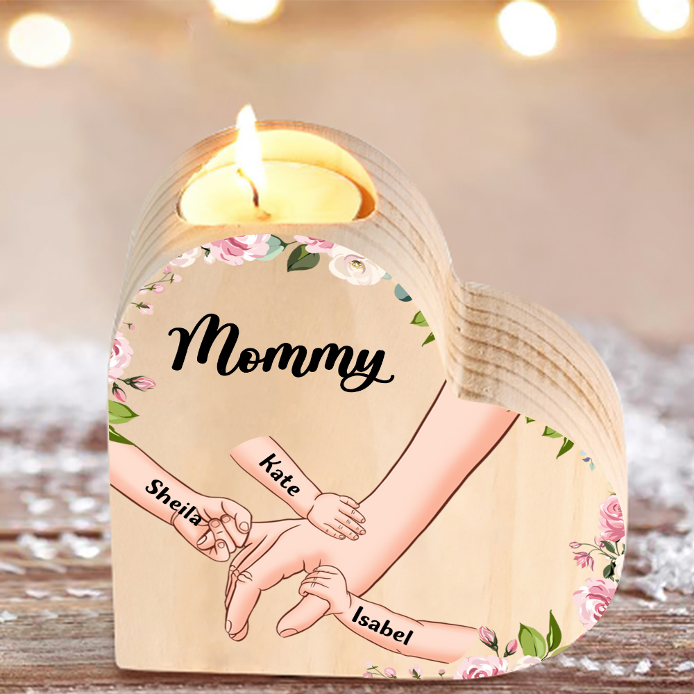 Personalized Handheld Heart-Shaped Candle Holder Set with Gift Box with Custom 1-6 Names Mother's Day Gift for Grandma