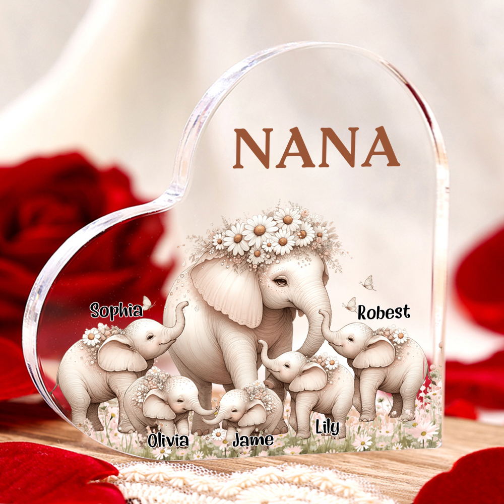 5 Names-Personalized Elephant Acrylic Heart Keepsake Custom Text Acrylic Plaque Ornaments Gifts for Mom