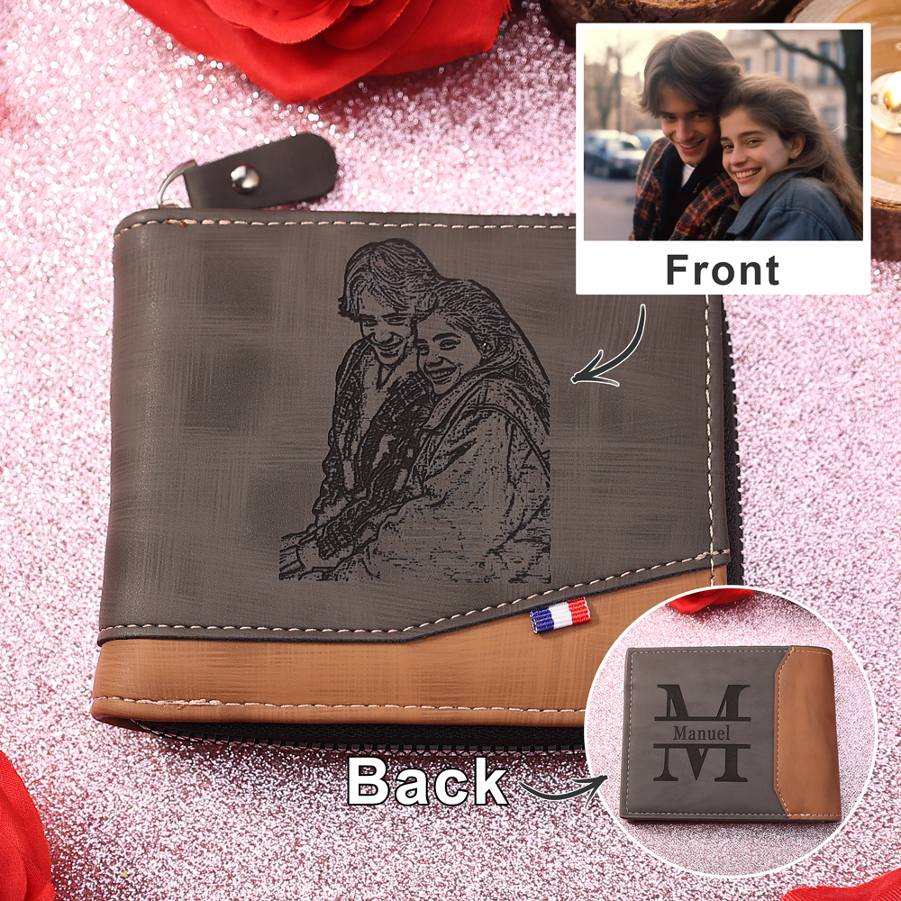 Personalized Name Leather Men's Zipper Wallet With Card Slot Engraved Letter And Photo Gift For Grandpa/Dad | Jessemade