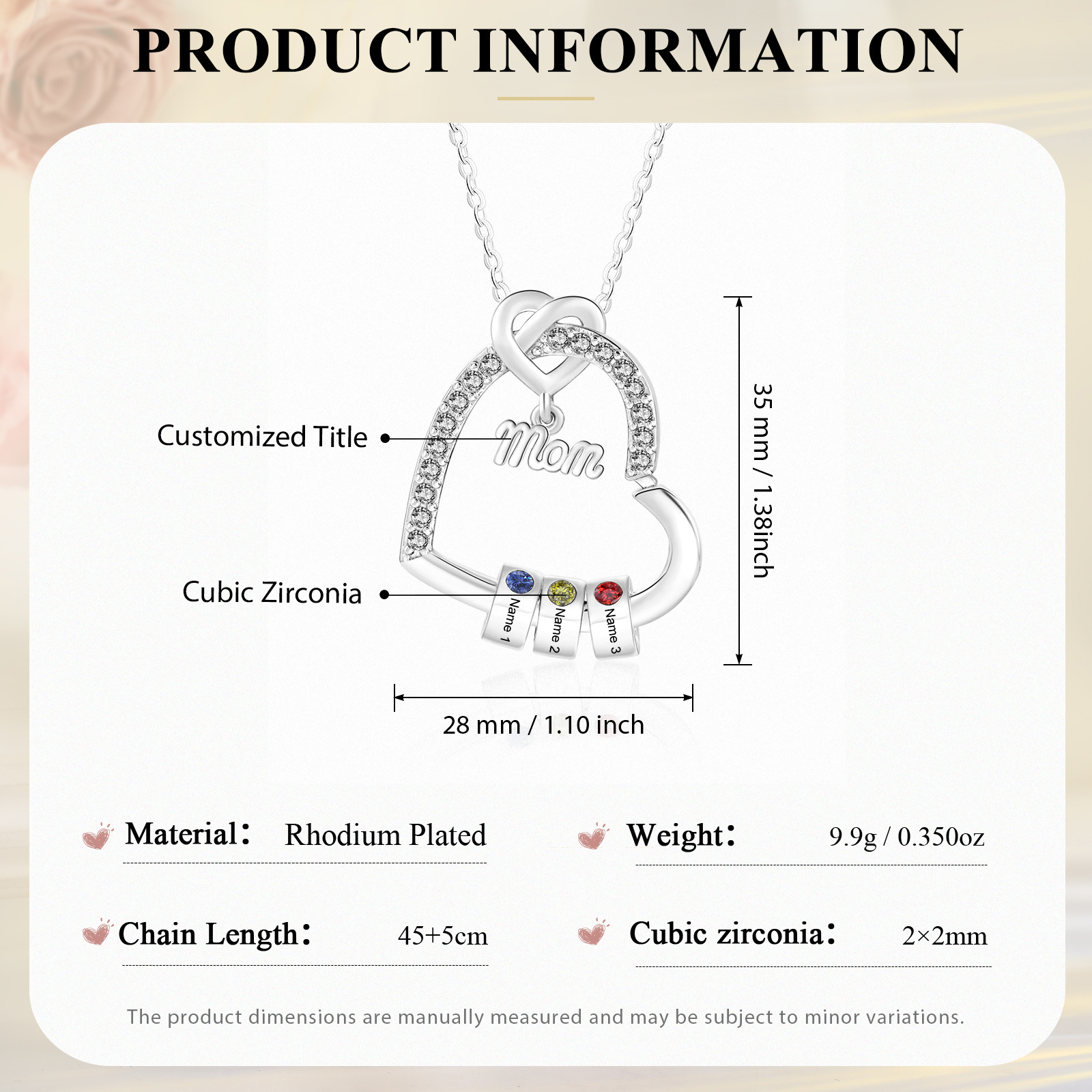 Personalized Mom heart necklace with birthstone and 1-5 names