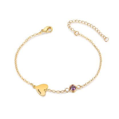 Personalized 1-5 Names Gold Heart Birthstone Chain Bracelet