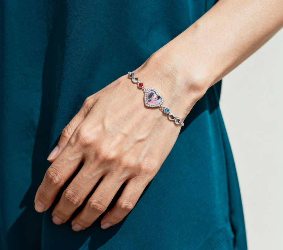 Personalized Heart Photo Bracelet With Birthstones Custom Photo Bracelet Gifts For Her