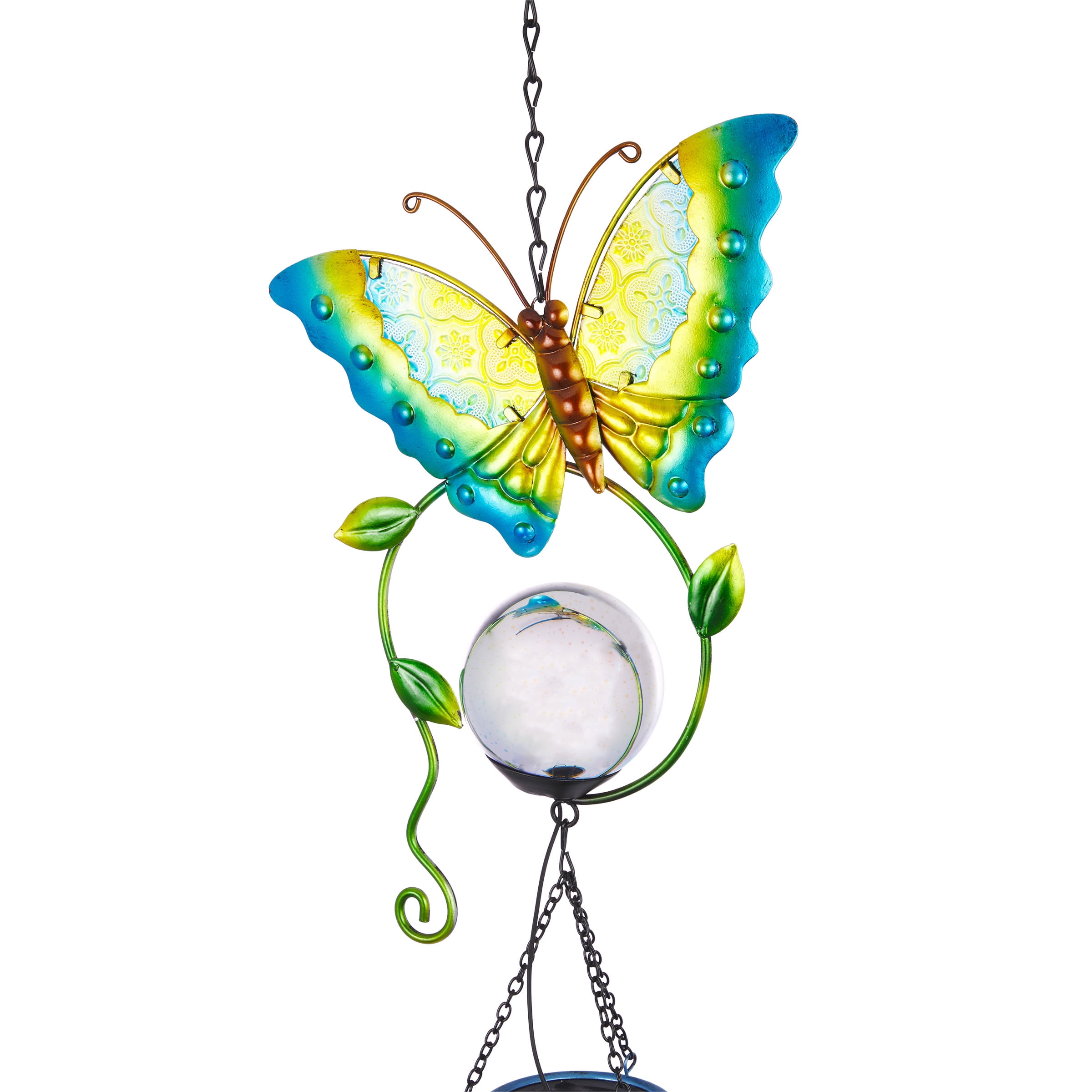 44" Hanging Outdoor Butterfly Metal Wind Chime, Solar-Powered LED