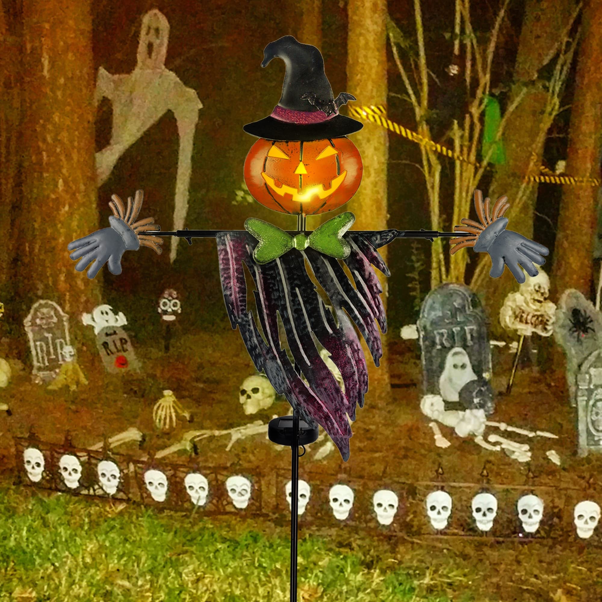 Halloween Solar Powered Pumpkin Hair Light Up Scarecrow Metal Ground Stakes