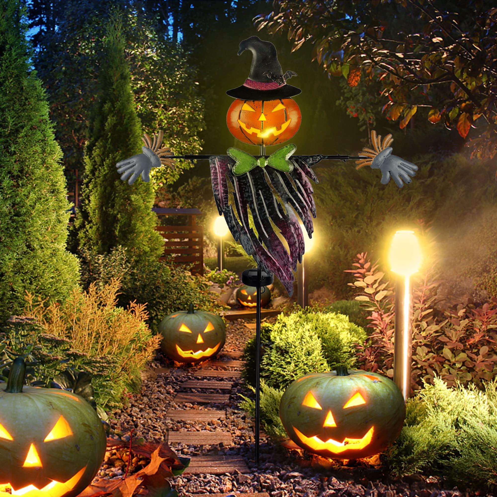 Halloween Solar Powered Pumpkin Hair Light Up Scarecrow Metal Ground Stakes